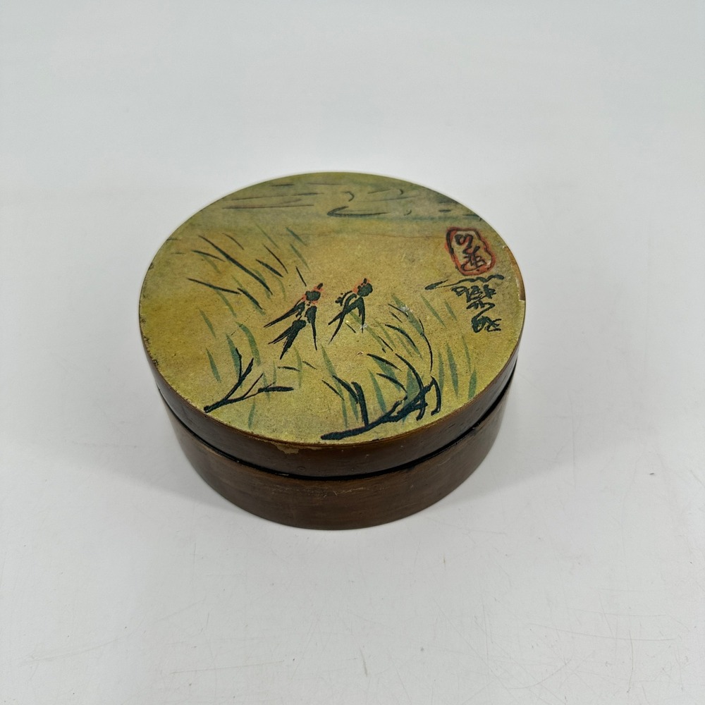 Vintage Japanese Lacquerware Coaster Set Hand Painted Nature Scenes with Box 6pc
